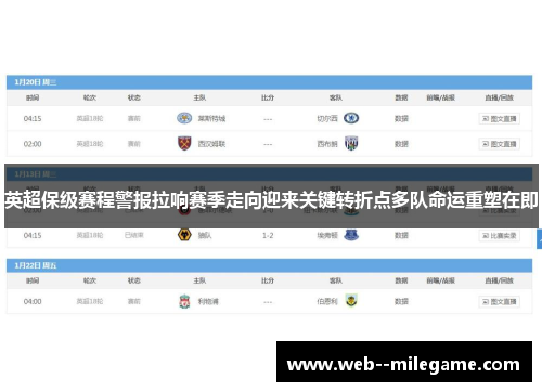 英超保级赛程警报拉响赛季走向迎来关键转折点多队命运重塑在即